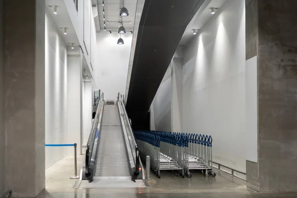 现代仓库零售店里有一排手推车的自动扶梯 为购物者创造了一种效率感和方便感 而推车则使购物者能够方便地运输他们的货物 — 图库照片