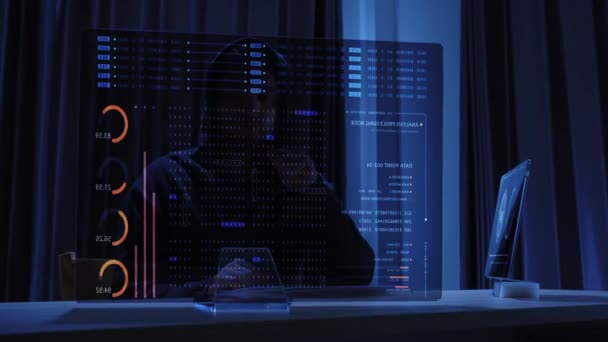 Hacker Encapuzado Invade Servidores Dados Apartamento Escuro Hacker Obscurecido Pelas — Vídeo de Stock