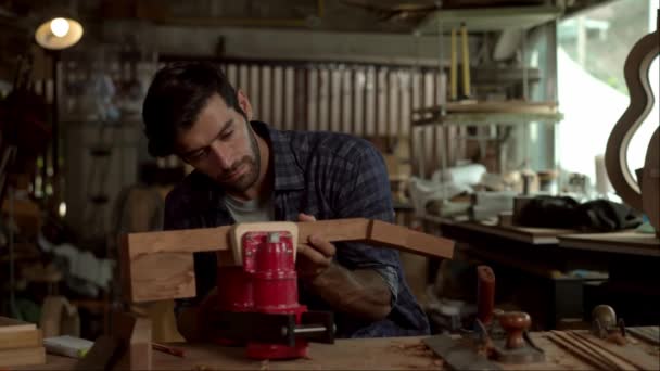 Skilled Luthier Hard Work Sanding Body Acoustic Guitar His Workshop — Stock Video