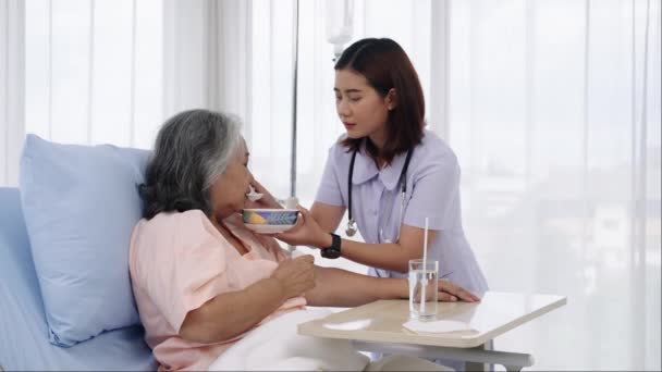 Handheld Shot Elderly Asian Patient Admitted Hospital Treatment Period Nurses — Stock Video