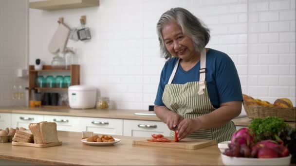 Handheld Shot Portret Seniora Kobieta Krojenie Świeże Pomidory Nożem Desce — Wideo stockowe