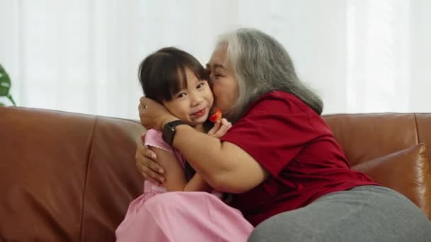 Съемки Ручной Съемки Средний Снимок Бабушка Сидит Диване Гостиной Маленькая — стоковое видео