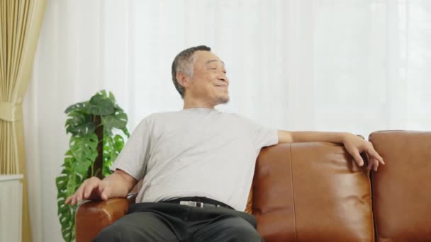 휴대용 거실에서 소파에 손가락을 누르고 카메라를 미소를 즐거운 아시아 집에서 — 비디오