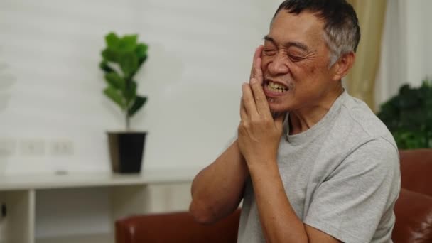 Filmagem Tiro Médio Portátil Vista Lateral Asiático Aposentadoria Homem Sentado — Vídeo de Stock