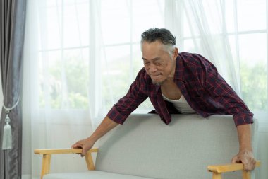 Asyalı olgun adam yeni ev taşındıktan sonra oturma odasını dekore etmek için kanepe ayarladı.