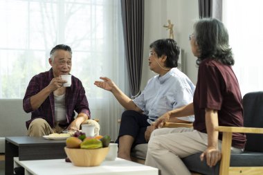 Seçici odaklanma, kanepede oturan mutlu son sınıf arkadaş grubu oturma odasında vakit geçirir, neşeli son sınıf öğrencisi kız arkadaşlarıyla konuşmaktan zevk alır, evde birlikte kahve içerler.