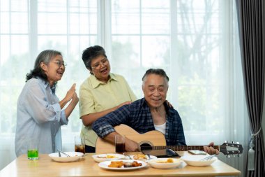 Güzel bir grup partisi, yaşlı arkadaşlara oturma odasında eğlendiklerini göstermek. Biri gitar çalarken diğerleri şarkı söyler ve dans eder, müzik ve arkadaşlığın tatlı anlarını paylaşır.
