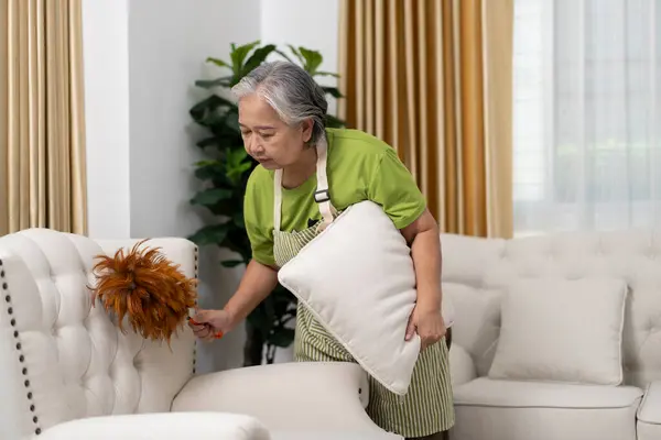 stock image Senior Woman in apron dusts armchair in living room, hold a pillow in one hand, Housemaid cleaning and arranging sofa cushions at home