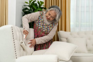 Renkli elbiseli Asyalı orta yaşlı kadın parlak oturma odasında yastığı tutarken minderli sandalyeyi temizlemek için pamuk rulo kullanıyor. Mutlu kıdemli kadın evi temizliyor.