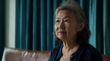 Kilitli çekim, gülümseyen Asyalı son sınıf öğrencisinin yüzüne yakın plan portre, yüzünü kameraya ve dişlek gülümsemeye çevir, mavi perdenin önüne otur, sıcaklığı ve pozitifliği ifade et.