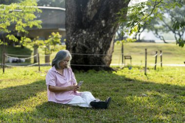 Asyalı yaşlı kadın parktaki dev ağacın altında çimlerin üzerinde otururken cep telefonu kullanıyor. Kablosuz teknolojisi olan yaşlıların yaşam tarzı, kopyalama alanı 