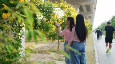 İki genç Asyalı kadın parkta bankta oturuyor, biri diğerinin duygusal görünmesine yardım ediyor. Tartışma sırasında el ele tutuşuyorlar. Bir destek ve dostluk anı..