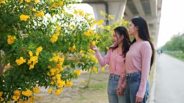 İki genç Asyalı kadın parkta bankta oturuyor, biri diğerinin duygusal görünmesine yardım ediyor. Tartışma sırasında el ele tutuşuyorlar. Bir destek ve dostluk anı..