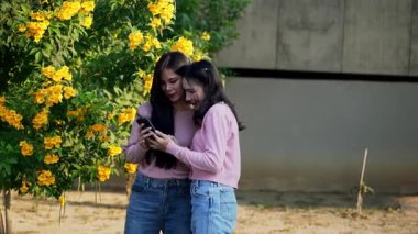 İki genç Asyalı kadın parkta bankta oturuyor, biri diğerinin duygusal görünmesine yardım ediyor. Tartışma sırasında el ele tutuşuyorlar. Bir destek ve dostluk anı..