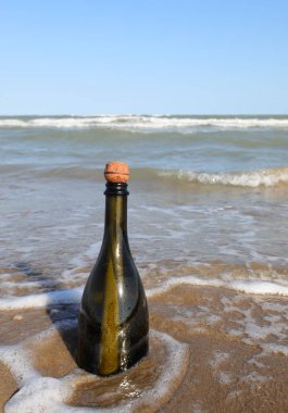 Sahile yakın kıyıda, içinde bir mesaj olan yeşil cam şişe.