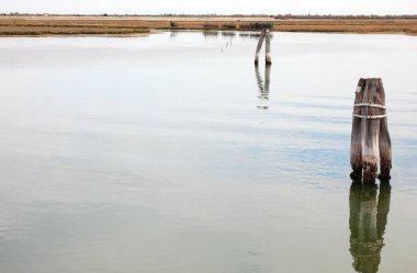 Venedik yakınlarındaki Venedik gölü ve İtalya 'yı vuran kuraklık sırasında üste alçak gelgit işaretlerinin görüldüğü kutuplar.