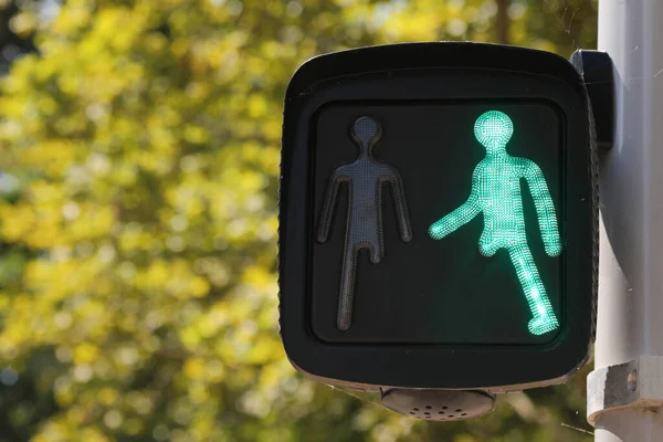 Semáforo Peatonal Verde Con Hombrecito Sin Una Pierna —  Fotos de Stock