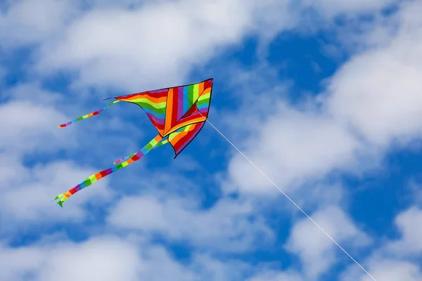 Vlieger Met Multi Kleuren Van Regenboog Vliegt Vrij Lucht Een — Stockfoto
