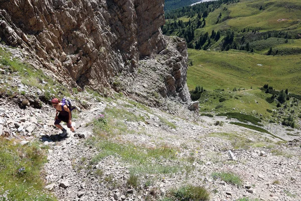 Ung Kvinna Vandrare Promenader Det Höga Berget Spår Italienska Alperna — Stockfoto