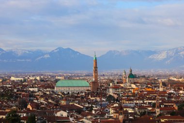 Panorama of VICENZA in Italy and the famous monument called BASILICA PALLADIANA with the tower