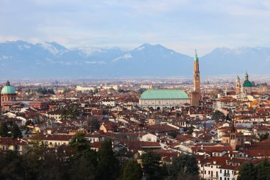 Panorama of VICENZA in Italy and the famous monument called BASILICA PALLADIANA with the tower seen from above