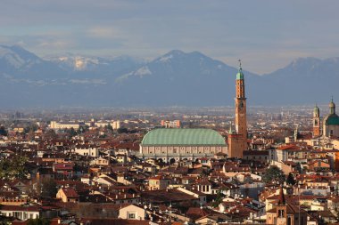Panorama of VICENZA in Italy and the famous monument called BASILICA PALLADIANA with the tower seen from above