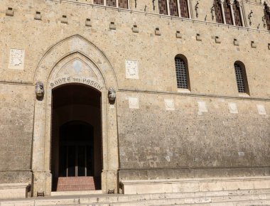 Siena, SI, Italy - February 20, 2023: Headquarters of the bank called MONTE DEI PASCHI DI SIENA in Tuscany REgion