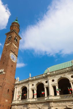 Tower called TORRE BISSARA in Vicenza in Italy and the Italian red white green flags