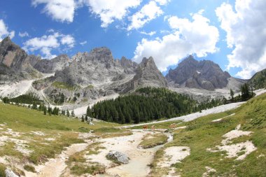 Splendid alpine panorama with the stream photographed with Fisheye without people