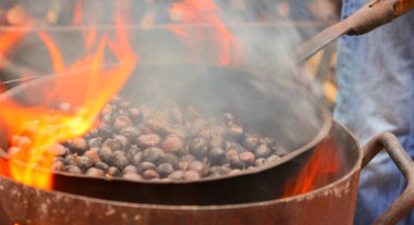 big fire and the iron pan with roasted chestnuts while cooking the autumn fruits outdoors