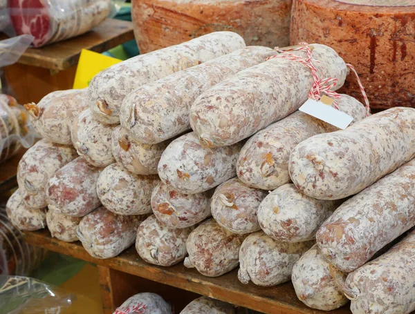 Cured Meats Pork Sausages Made Farmer Sale Local Market — стоковое фото