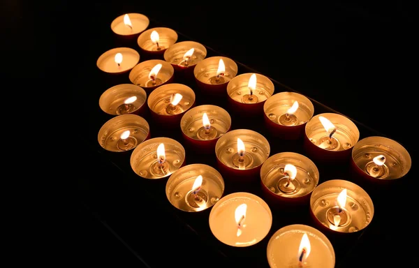 Votive Candles Flame Lit Mass Faithful Church — Fotografia de Stock
