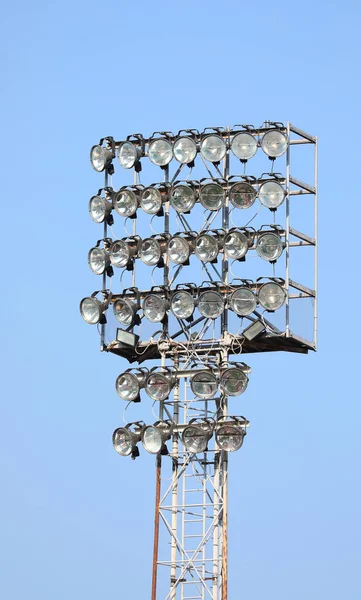 Lighting Tower Lighting Sports Facilities Many Projectors Powerful Lamps Day — Stock Photo, Image
