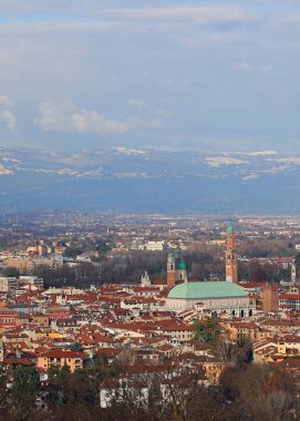 Panorama of VICENZA in Italy and the monument called BASILICA PALLADIANA with the tower