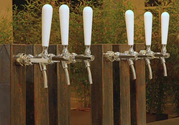 Biraya Hiç Insan Olmadan Bira Tıkırdatmak Için Bir Sürü Musluk — Stok fotoğraf