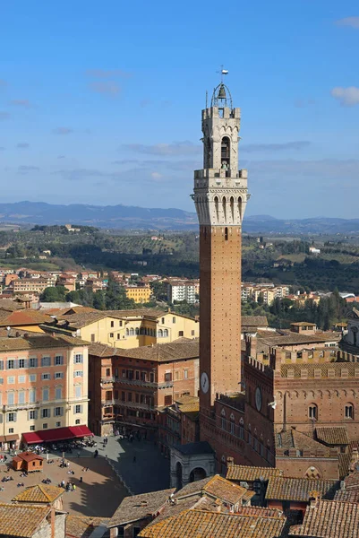 Κάτοψη Του Δήμου Σιένας Στην Ιταλια Τον Πύργο Del Mangia — Φωτογραφία Αρχείου