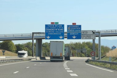 Road sign on the highway with the places French and Italy and the indication to MOUNT BLANC clipart