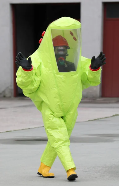 Person Yellow Protective Suit Chemical Bacteriological Attacks Yellow Boots — Stock Photo, Image