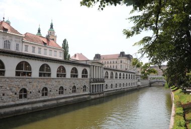 Ljubljana şehrinde neoklasik tarzda tarihi saray ve Slovenya Orta Avrupa 'da RIVER ljubljanica