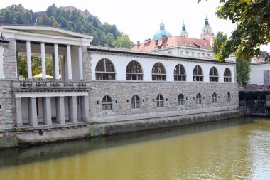 Ljubljana şehrinde neoklasik tarzda tarihi saray ve Slovenya Orta Avrupa 'da RIVER ljubljanica
