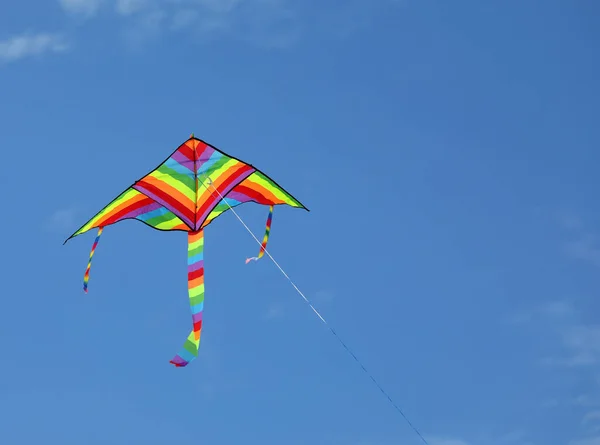 Красочный Воздушный Змей Разных Цветов Радужных Мух Привязанный Нитке Голубом — стоковое фото