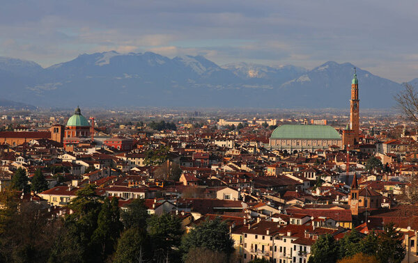 Panorama of VICENZA in Italy and the famous monument called BASILICA PALLADIANA with the tower seen from above