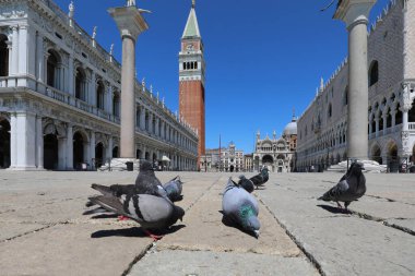 Venedik, VE, İtalya - 26 Mayıs 2020: Saint MArk Meydanı ve çok az turistin bulunduğu Ducal Palace