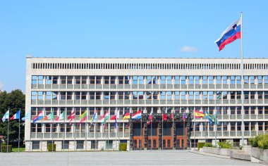 Ljubljana, L, Slovenya - 15 Ağustos 2023: Slovenya Parlamentosu Avrupa başkenti binası ve büyük bayrak