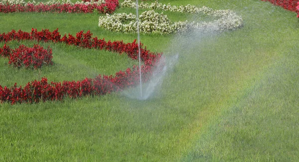 Sistema Automatico Irrigazione Giardini Fioriti Ben Curato Dal Giardiniere Con — Foto Stock