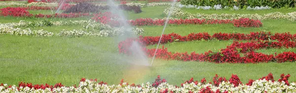 Sistema Riego Automático Para Jardines Flores Bien Cuidado Por Jardinero — Foto de Stock