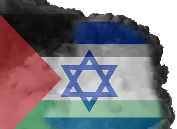 Dos Banderas Palestinas Israelíes Fondo Nube Negra Después Explosión Bomba —  Fotos de Stock
