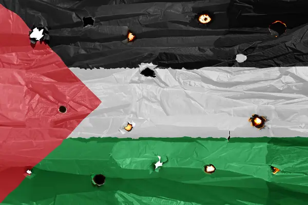 Quemado Arruinado Palestina Bandera Con Agujeros Bala Armas —  Fotos de Stock