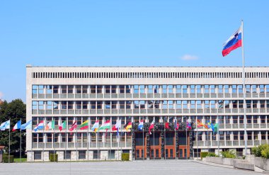 Ljubljana, L, Slovenya - 15 Ağustos 2023: Slovenya Parlamentosu Halk ve büyük bayrak taşımadan Slovenya 'nın Kalbini İnşa Ediyor