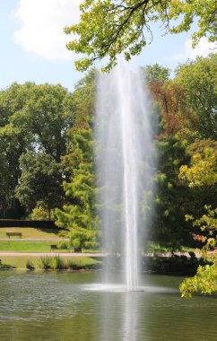 Yazın halk parkları göletinde güçlü yüksek su jeti olan çeşme.